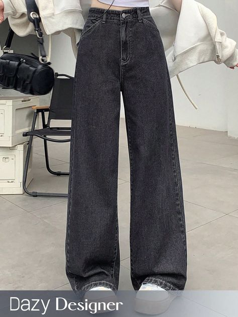 Gris  Collar  Mezclilla Liso Pierna recta Embellished No-Elástico Todo Wide Leg Denim Pants, Denim Pants Women, Women Denim Jeans, Wide Leg Denim, Casual Outfit, Denim Pants, Denim Women, Women Clothing, Straight Leg