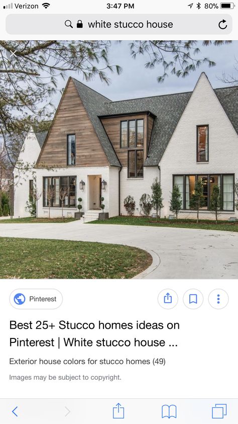 Wood Accents On Stucco House Exterior, Cream And Wood Exterior House, Wooden Accent Exterior, Brick And Wood Siding Exterior, White Brick House With Wood Accents Exterior, White Stucco House With Wood Accents, White Brick Exterior With Wood Accents, Wood Over Brick Exterior, Wood Siding Accent Exterior