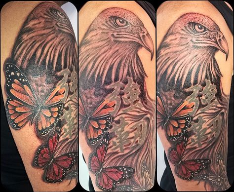 Stunning eagle's head and butterflies by Dave added to this ongoing sleeve. #eagletattoos #eagle #tattoos Eagle And Butterfly Tattoo, Eagle Tattoos, Eagle Tattoo, Rose Tattoo, Tiny Tattoos, Butterfly Tattoo, Flower Tattoos, Arm Tattoo, Girl Tattoos