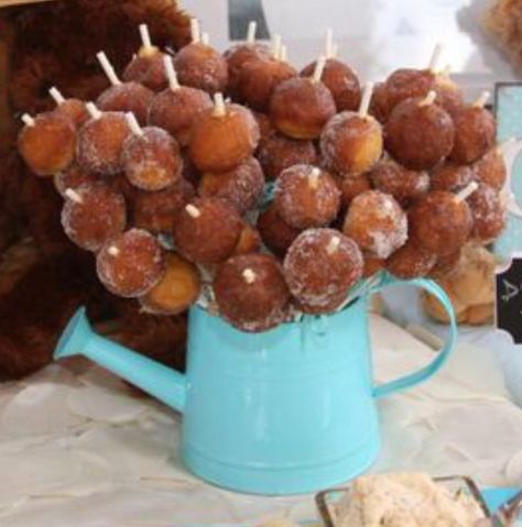 Donut holes bouquet. Came out beautiful! Donut Hole Tree, Donut Bouquet, Promotional Ideas, Candy Bouquets, Donut Holes, Candy Bouquet, Crafts To Do, Party Time, Birthday Ideas