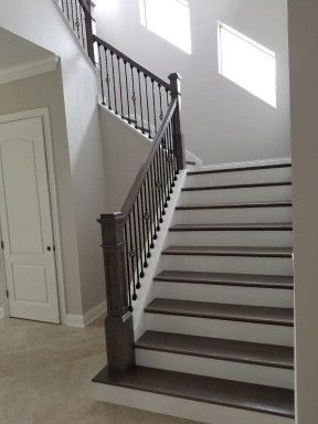 Grey Stained Stairs, Stairs Different Color Than Floor, Gray Staircase, Grey Painted Stairs, Stained Stairs, Grey Stairs, Cove Moulding, Stairs Colours, Wood Stair Treads