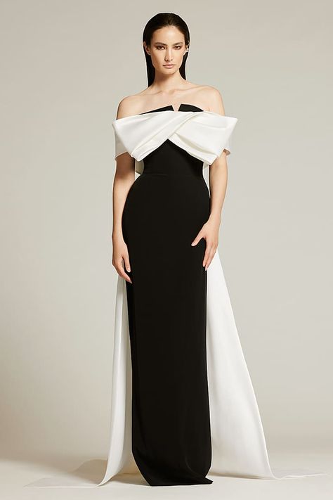 Spring/Summer 2023 - Audrey + Brooks Off Shoulder Collar Dress, Column Evening Gown, Black And White Formal Dresses, Evening Dresses Elegant Glamour, Extravagant Clothes, Dr Wedding, Crepe Dresses, Luxury Fashion Outfits, Pageant Wear