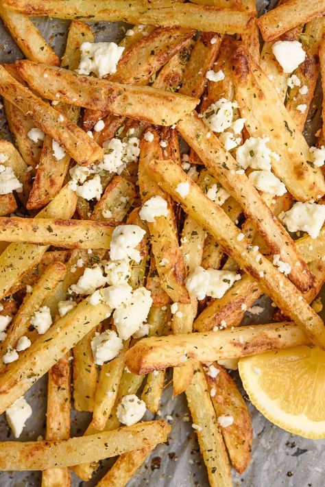 Greek Fries With Feta - Real Greek Recipes Fries Recipe Oven, Greek Fries, Greek Oregano, Crispy Oven Fries, Making French Fries, Greek Potatoes, Eat Vegetables, Food Side Dishes, Feta Recipes