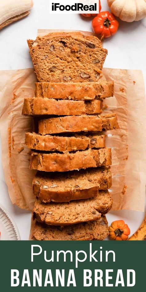 Pumpkin Banana Bread - iFoodReal.com Low Fat Muffins, Pumpkin Banana Muffins, Healthy Pumpkin Bread, Pumpkin Banana Bread, Fun Thanksgiving Desserts, Pumpkin Banana, Fall Breakfast, Instant Pot Recipes Chicken, Pumpkin Pie Filling