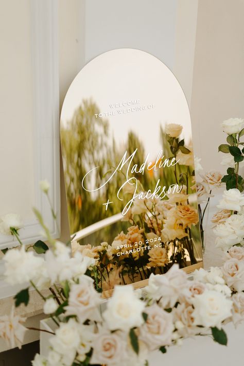 "Elegant Arch Gold Mirror Welcome Sign for Wedding - Personalized Acrylic Wedding Signage for Ceremony & Reception Description: Welcome your guests in the most splendid way with our exquisite Arch Gold Mirror Welcome Sign. Designed to add a touch of elegance and sophistication to your wedding ceremony or reception, this mirror sign combines the timeless beauty of gold with the modern flair of acrylic, creating an unforgettable entry piece. Features: Material Excellence: Crafted with high-quality acrylic, our welcome sign boasts a stunning gold mirror finish that reflects the joy and elegance of your special day. The arch shape adds an extra layer of sophistication, making it a perfect fit for both traditional and contemporary wedding themes. Customizable Touch: We believe your wedding shou Arch Gold Mirror, Gold Mirror Welcome Sign, White Theme Wedding, Mirror Welcome Sign, Gold Signage, Welcome Sign For Wedding, Mirror Wedding Signs, Wedding Mirror, Sign For Wedding