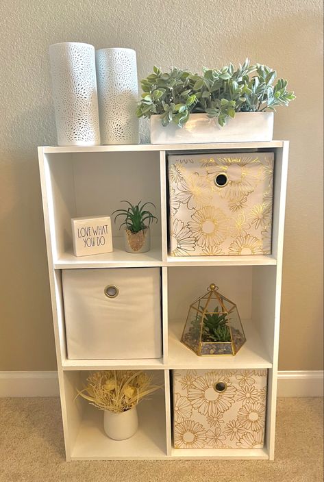 Storage Bins Aesthetic, Green Gold And White Room Aesthetic, Cube Storage Decor Bedroom, White Box Shelves, Storage Box Aesthetic, Cube Storage Decor, Shelf Decor Ideas, Blue Couch Living Room, Cottage Core Room