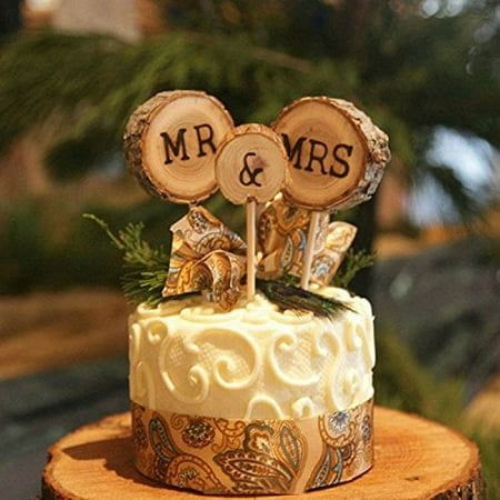 Each topper measures approxImately 1.9" x 2.5" Natural brown wood color Made from all-natural wood material Made from slices of wood with tree bark attached Wooden wedding cake toppers feature attractive Mr. & Mrs. l etters shape Ideal for birthdays, anniversaries or wedding cakes Suitable for parties, banquets and other formal or personal gatherings Includes 3 individual cake topper decorations Easy to insert into cake with wooden dowel Torte Creative, Mr Mrs Cake Toppers, Log Cake, Rustic Wedding Cake Toppers, Individual Cakes, Rustic Cake Toppers, Wood Cake, Wedding Cake Rustic, Rustic Wedding Cake