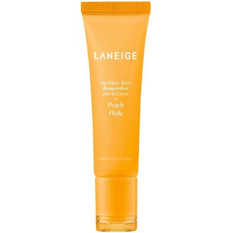 Laneige Lip Balm Peach, Laneige Glowy Balm, Beachy Makeup Products, Laneige Glowy Lip Balm, Lip Balm Laneige, Mango Laneige, Laneige Peach, Laneige Lip Gloss, Peach Products