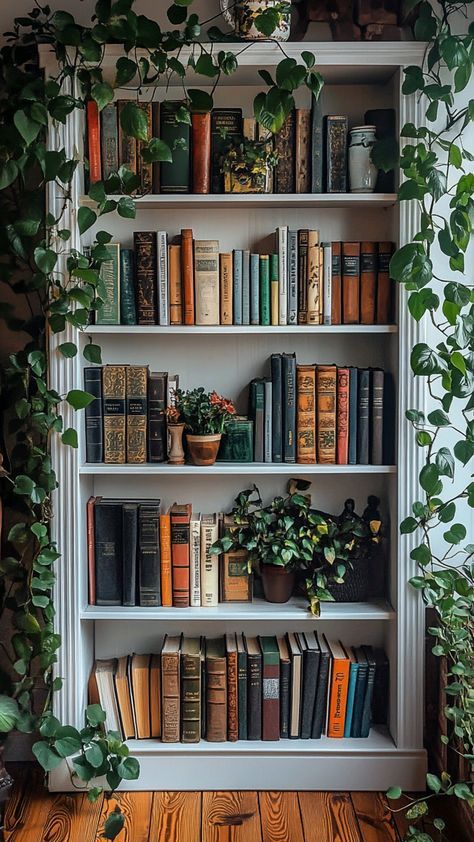 Plant On Bookshelf, Green Bookshelf Aesthetic, Hypnotherapy Room, Library Room Aesthetic, Black Bookshelf Decor, Green Bookshelves, Plants And Books, Ornate Books, Books And Plants