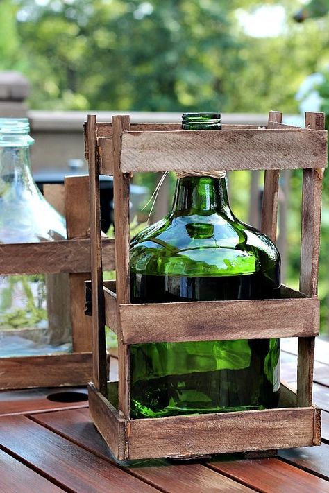 Crated Demijohn - Easy DIY Idea from RefreshRestyle.com Pallet Upcycle, Unique Farmhouse Decor, Olive Jar, Wine Crate, Unique Farmhouse, Scrap Wood Projects, Bottle Lamp, The Farmhouse, Country Furniture