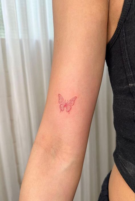 Red Ink Butterfly Tattoo, Red Ink Butterfly, Ink Butterfly, Butterfly Tattoo Stencil, Butterfly Tattoos On Arm, Motif Acnl, Small Girly Tattoos, Minimal Tattoo Design, Small Butterfly Tattoo