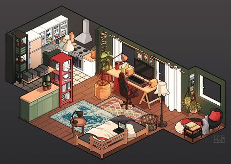 Concept Art Room, Pixel Art House Interior, Pixel Bedroom, Pixel Art Room, Pixel Art House, Habbo Hotel, Bedroom Drawing, Pixel Art Landscape, Isometric Drawing