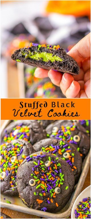 Halloween Dessert Recipe, Spooky Cookies, Wishes And Dishes, Cream Cheese Ball, Velvet Cookies, Black Food Coloring, Halloween Food Desserts, Seasonal Desserts, Halloween Sprinkles