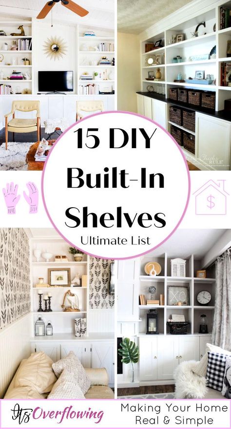 Diy Built In Shelves Bedroom, How To Diy Built In Shelves, Diy Built In Bookcase With Cabinets, How To Make Built In Shelves, How To Make Shelves Look Built In, Simple Built In Bookshelves, Diy Built In Bookcase, Bedroom With Books, Diy Built In Bookshelves