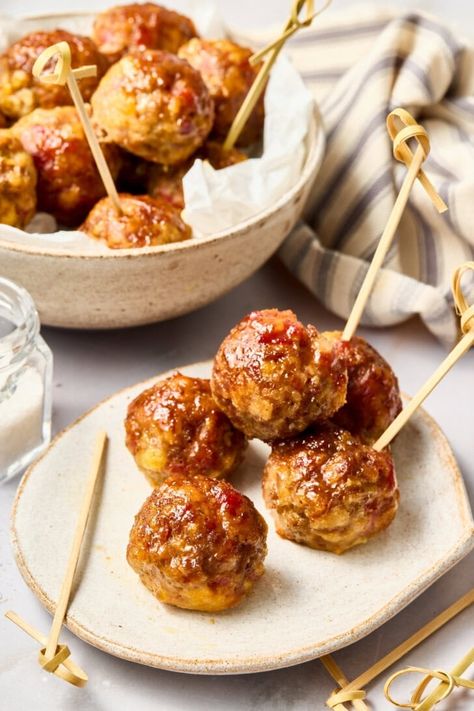 Easy Gluten Free Meatballs with Apple Glaze on plate - Apple Butter Meatballs Apple Butter Meatballs, Butter Meatballs, Gluten Free Meatballs, Apple Glaze, Creamed Honey, Fall Festivities, Swedish Meatballs, Panko Bread Crumbs, Pork Sausage