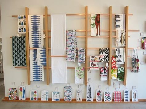 Hand Towl Rack for craft display | tea towel rack Tea Towel Display, Vintage Store Ideas, Weekend In Los Angeles, Gift Shop Displays, Diy Towel Rack, Pantry Inspiration, Towel Display, Scarf Display, Tea Display