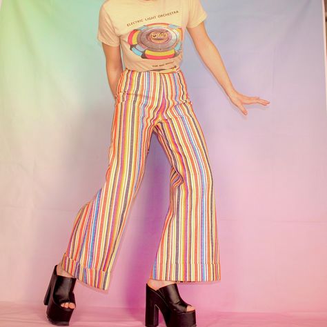 70s 60s retro vintage bells high waisted disco hippie that 70s show style 70s Rainbow Outfit, Striped Bell Bottoms Outfit, Coke Photography, 60s Disco, 70s Bell Bottoms, Sparkly Pants, Type Outfit, Rainbow Pants, 70s Rainbow