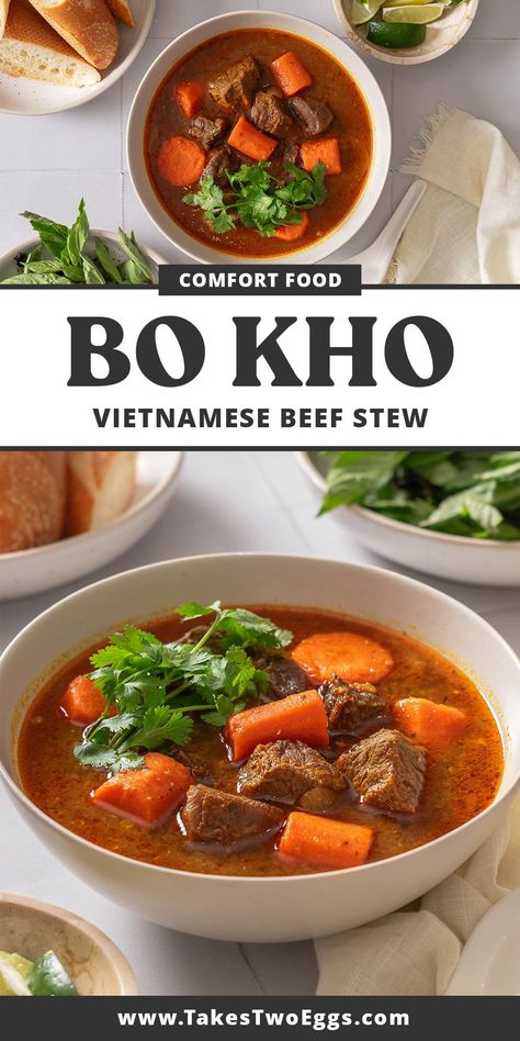 Bò kho or Vietnamese beef stew made with deliciously tender braised beef, carrots and loaded with fragrant aromatics and spices. This authentic bo kho recipe served with fresh herbs and a baguette is the most satisfying and comforting dish. Cambodian Beef Stew, Vietnamese Dishes Food Recipes, Vietnamese Beef Recipes, Chinese Beef Stew Recipe, Bo Kho Recipe, Thit Kho, Bo Kho, Vietnamese Beef Stew, Vietnamese Noodle Soup