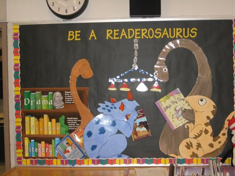 Dinosaurs (reading)                                                                                                                                                                                 More Dinosaur Bulletin Board Ideas, Dinosaur Bulletin Boards, Dinosaur Display, Dinosaur Classroom, Reading Display, Dinosaur Dig, Scholastic Book Fair, Reading Bulletin Boards, Dinosaurs Preschool