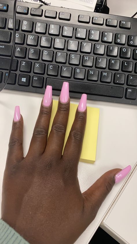 Long Pink acrylic nails Pink Ballerina Nails, Long Pink Acrylic Nails, Ballerina Pink Nails, Pink Coffin, Simple Acrylic, Simple Acrylic Nails, Acrylic Gems, Coffin Shape Nails, Really Cute Nails