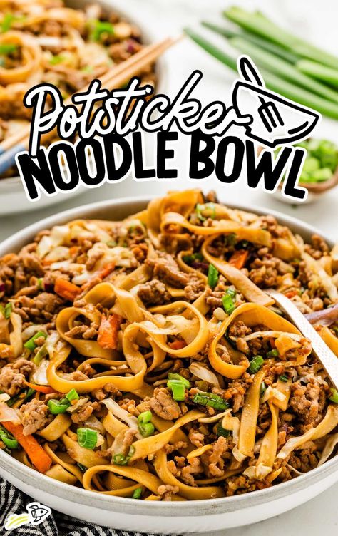 a bowl of Potsticker Noodles garnished with green onions Potsticker Noodle Bowl, Pot Sticker Noodle Bowl, Potsticker Noodles, Noodle Bowl Recipes, Pork Coleslaw, Rice Noodle Bowl, Easy Dinners For Kids, Noodle Bowls Recipes, Bowls Recipes