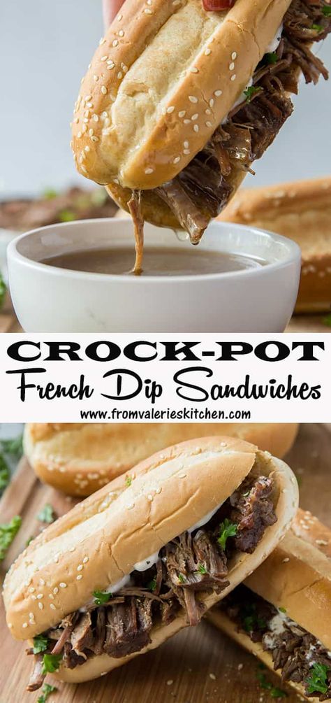 Beef roast cooks low and slow in a flavor-packed au jus in your slow cooker until seriously tender. These Crock-Pot French Dip Sandwiches are a delicious choice on even the busiest day. #crockpot #slowcooker #frenchdip #frenchdipsandwiches #easydinnerrecipes Crockpot French Dip Sandwiches, Crockpot French Dip, French Dip Crock Pot, Creamy Horseradish, Crockpot Roast Recipes, French Dip Sandwiches, Beef Dip, Dip Sandwiches, Crock Pot Dips