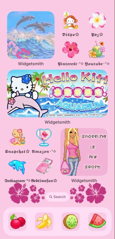 Y2k Homescreen Icons, Summer Wallpaper Cute, Summer Iphone Theme, 2000s Homescreen, 2000s Phone Layout, 2000s Phone Theme, 2000s Iphone Layout, Cute Hello Kitty, Homescreen Theme