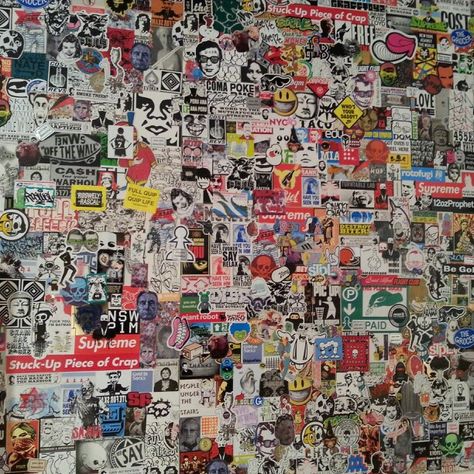 Sticker collage from chicago street art "paint paste sticker" exhibit Skateboard Room, Chicago Street Art, Wwe Art, Sticker Collage, Chicago Street, Sticker Street Art, Stickers Art, Sticker Bomb, Graffiti Characters