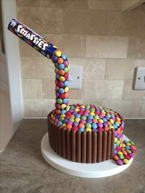 Smarties anti-gravity cake Smartie Cake Ideas, Cake Ideas Videos, Anti Gravity Cake Ideas, Gravity Cake Ideas, Smartie Cake, Antigravity Cake, Smarties Cake, Rose Gold Glitter Wallpaper, Gold Glitter Wallpaper