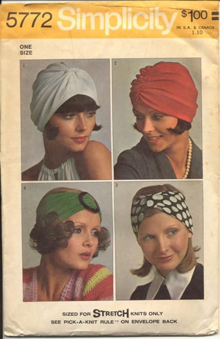 Simplicity 5772 turbans for knit fabric Chignon Bun, Crafts Sewing Patterns, Vintage 1973, Hair Turban, Vintage Headbands, Turban Style, Hair Wraps, Turban Headbands, Simplicity Patterns