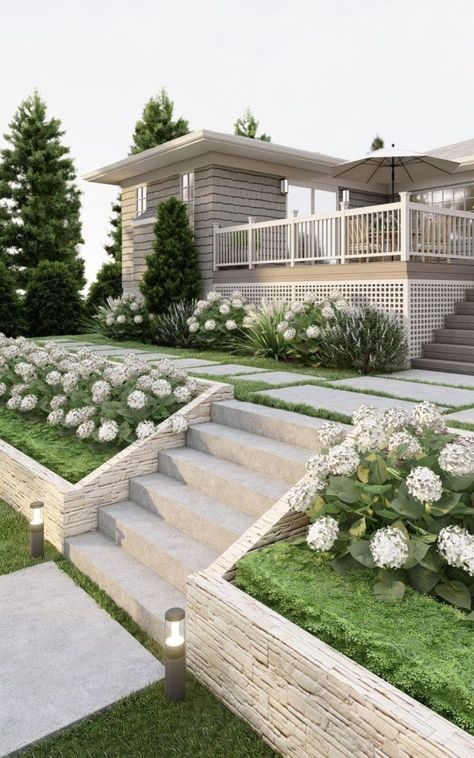 Modern Walkway, Tiered Landscape, Backyard Landscape Design, Sloped Backyard Landscaping, Terraced Landscaping, Landscaping Florida, Landscaping Backyard, Sloped Yard, Sloped Backyard