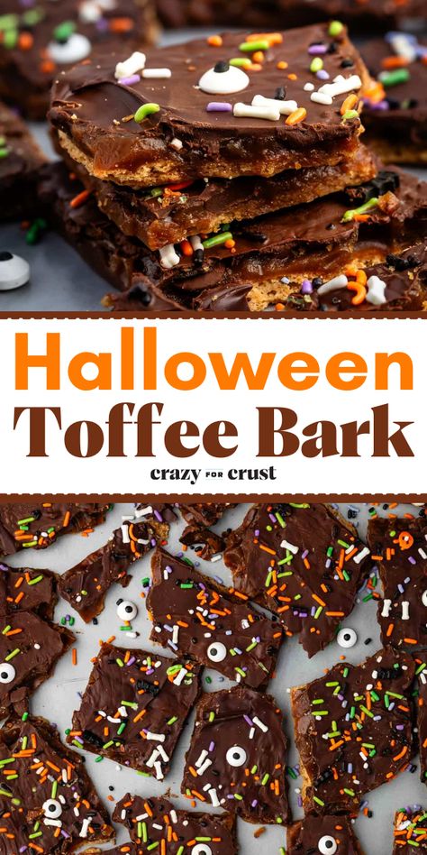 Looking for Halloween party ideas? Here's a Halloween bark recipe! Made with graham crackers, chocolate, and sprinkles, this toffee bark is a simple Halloween dessert everyone will enjoy. Definitely the perfect Halloween treat to make! Halloween Cracker Toffee, Halloween Cracker Bark, Leftover Candy Recipes, Halloween Bark Recipes, Leftover Halloween Candy Recipes, Halloween Candy Bark, Candy Stash, Graham Cracker Toffee, Fun Halloween Desserts