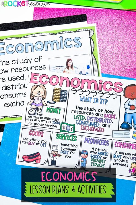 These economics lessons for third grade are sure to teach your elementary students all the basics! Engaging economics activities for second grade, economics activities for third grade, and economics activities for fourth grade are completely planned out and ready to use today! 3rd Grade Economics Project Ideas, Home Economics Lessons For Elementary, Economics For 1st Grade, Economics Lessons Elementary, Economics Activities, Second Grade Economics, Teaching Economics Elementary, Civics Lessons, Economics For Kids