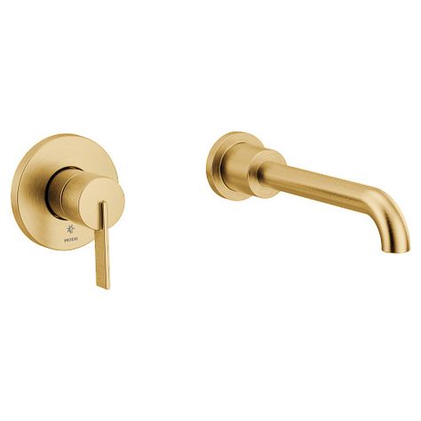 Cia Brushed gold one-handle non diverter tub filler -- WT6221BG -- Moen Moen Cia, Wall Mounted Tub Filler, Wall Mount Tub Filler, Bathtub Faucets, Contemporary Bathtubs, Wall Mount Tub Faucet, Gold Faucet, Bath Safety, Bathroom Layouts