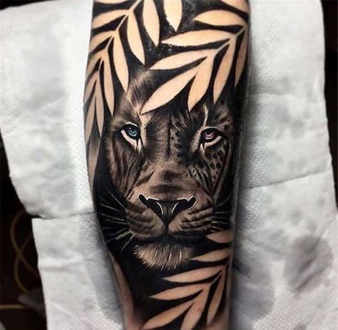 30 Black And White Animal Tattoos and Designs for Animal Lovers - Lovely Animals World Forest Tattoo Sleeve, Panther Tattoos, Tiger Hand Tattoo, Tato Mandala, Jungle Tattoo, Le Tattoo, Animal Sleeve Tattoo, Tier Tattoo, Lion Tattoo Sleeves