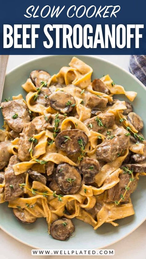 The BEST recipe for Slow Cooker Beef Stroganoff from scratch! Healthy beef stroganoff without canned soup. EASY, creamy crockpot recipe with steak, mushrooms, and Greek yogurt instead of sour cream. Creamy Beef Stroganoff Crockpot, Crockpot Stroganoff Recipes, Beef Stroganoff Crockpot Easy, Beef In Crockpot Recipes, Crockpot Beef Stroganoff Easy, Apple Rosettes, Stroganoff Crockpot, Healthy Beef Stroganoff, Steak Mushrooms