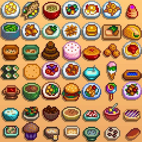 This is a reference guide for getting the Gourmet Chef achievement in Stardew Valley. The guide is organized by seasons to help you collect the right number of every ingredient needed in a timely mann Stardew Valley Food Pixel, Stardew Valley Collections, Stardew Valley Items, Stardew Valley Food, Stardew Valley Pixel Art, Pixel Food, Pixel Art Food, Lego Custom Minifigures, Pixel Art Tutorial