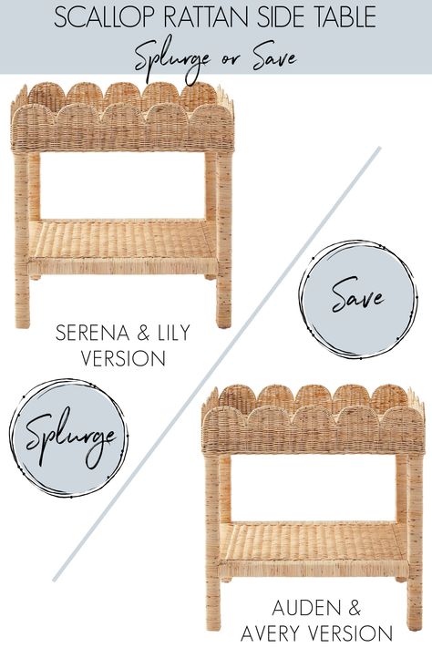 Scalloped rattan side table save vs splurge versions Grandmillenial Side Table, Rattan Side Table Living Room, Woven Side Table, Scallop Side Table, Scalloped Side Table, Scallop Chandelier, Scallop Basket, Scalloped Decor, Oceanside Cottage