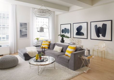 winter 2019 interior design trends acrylic furniture Yellow Living Room Accessories, Grey And Yellow Living Room, Yellow Decor Living Room, Cozy Living Room Design, Yellow Living Room, Yellow Home Decor, Yellow Decor, Grey Home Decor, Living Room Accessories