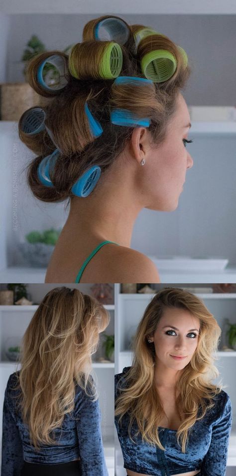 Try this pin to curl your hair using rollers without giving heat to hair. Roller Hairstyles, Bridesmaid Curls, Hair Rollers Tutorial, Big Loose Curls, Diy Hair Rollers, Heat Free Hairstyles, Bombshell Curls, Roller Curls, Trendy We Fryzurach