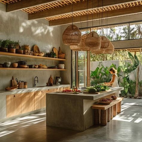 Bali Kitchen Design, Bali Kitchen, Kitchen Beach House, Art Deco Living Room, Concrete Houses, Mexico House, Rustic Kitchen Design, Weekend House, Concrete Kitchen