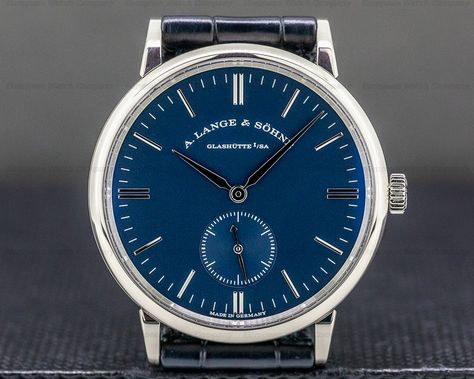 A. Lange and Sohne 219.028 Saxonia 219.028 Manual Wind 18K White Gold Blue Dial 35MM  #ALangeandSohne219028 #Saxonia #Horology Authentic Watches, Watch Companies, Omega Watch, White Gold, Gold, Blue, White