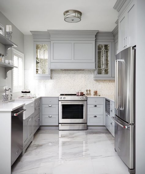 Emily Henderson Modern Tudor Kitchen What I Would Have Done Intergrated 12 1 Mirrored Kitchen Cabinet, Herringbone Backsplash, U Shaped Kitchen, Cozy Design, Marble Flooring, New Kitchen Cabinets, Cabinet Finishes, Grey Kitchen Cabinets, Kitchen Floor Tile