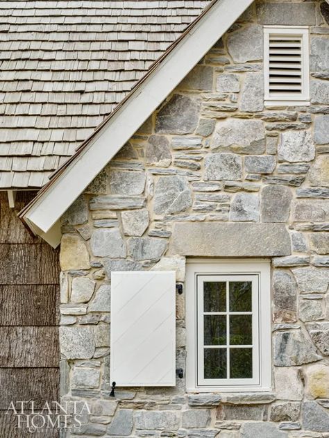 English Cottage Shutters, Stone And Painted Brick House Exterior, Shutter Ideas, Stone Exterior Houses, Maria Killam, Stone Farmhouse, Stone Cottages, Primitive Homes, Cottage Exterior