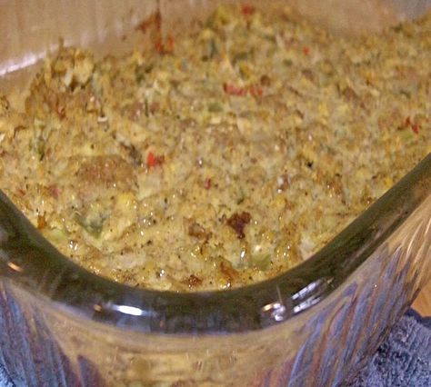 Southern Homemade Cornbread Dressing. Add I can of cream of chicken soup, and 2 cans of water.  Warm and add. Black Folks Cornbread Dressing, Recipe Cornbread, Homemade Cornbread Dressing, Southern Dressing, Dressing Casserole, Cornbread Dressing Recipe, Chicken Cornbread, Cornbread Dressing Southern, Bread Dressing