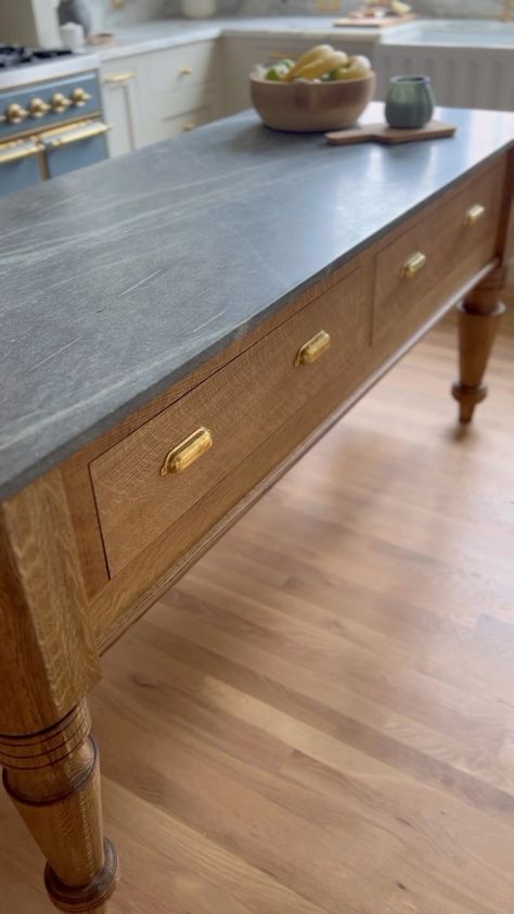 Erin Conway | Save this post for later if you’re in the market for durable and stunning countertops. Details on this stone is by far the most requested… | Instagram Play Dough Creations, Erin Conway, Neutral Kitchens, Honed Granite Countertops, Colonial Remodel, Dark Blue Kitchens, Cabinet Inspiration, Honed Granite, Fall City