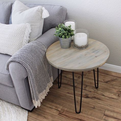 Hairpin Leg Side Table, Diy Small End Table, Diy Round Side Table, Diy End Table, End Table Plans, Crate Side Table, Unique End Tables, Hairpin Table, Rustic End Tables