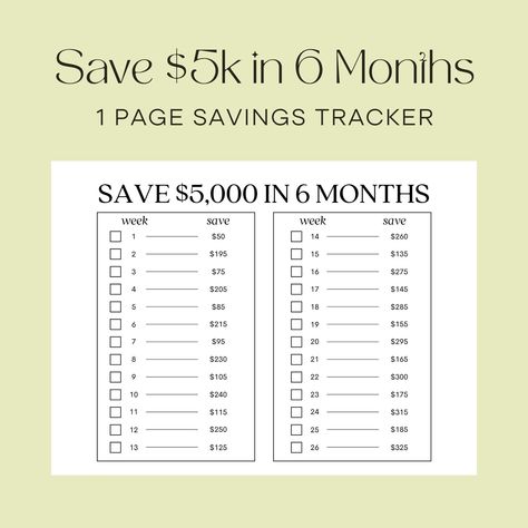 Make 2021 your year with this 6 month savings checklist! Save $5,000 in 6 months and check off your progress week by week. Keep your future in mind and make financial freedom a priority! Save For Disney In 6 Months, Save 5 000 In 6 Months, 4000 In 6 Months, 5k In 6 Months Savings, Savings Checklist, 5000 In 6 Months, Habit Tracker Printable, Saving Plan, Money Saving Plan