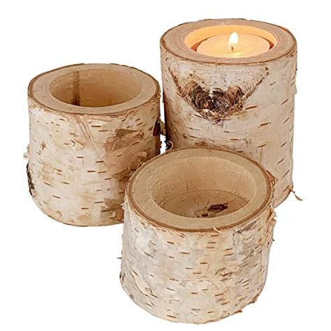 A birch log tealight holder makes a great decoration for a camping party, as it can provide a warm, natural light and evoke the feeling of a campfire. Not only can you place your tealights in them for a soft, glowing atmosphere, but you can also use them to creatively decorate your tablescape, by using them to hold cupcakes, or clustering several together to hold a plate or a small potted plant. Birch Bark Candles, Winter Tray, Candle Holder Wood, Wood Table Decor, Birch Wedding, White Candle Sticks, Wooden Candle Holder, Wooden Snowflakes, Wooden Candle