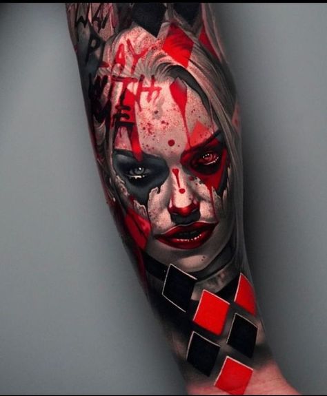 Joker And Harley Tattoo, Phoenix Tattoo Feminine, Harley Tattoos, Trash Polka Tattoo Designs, Joker Tattoo Design, Colored Tattoo Design, Harley Quinn Tattoo, Design Your Own Tattoo, Realistic Tattoo Sleeve